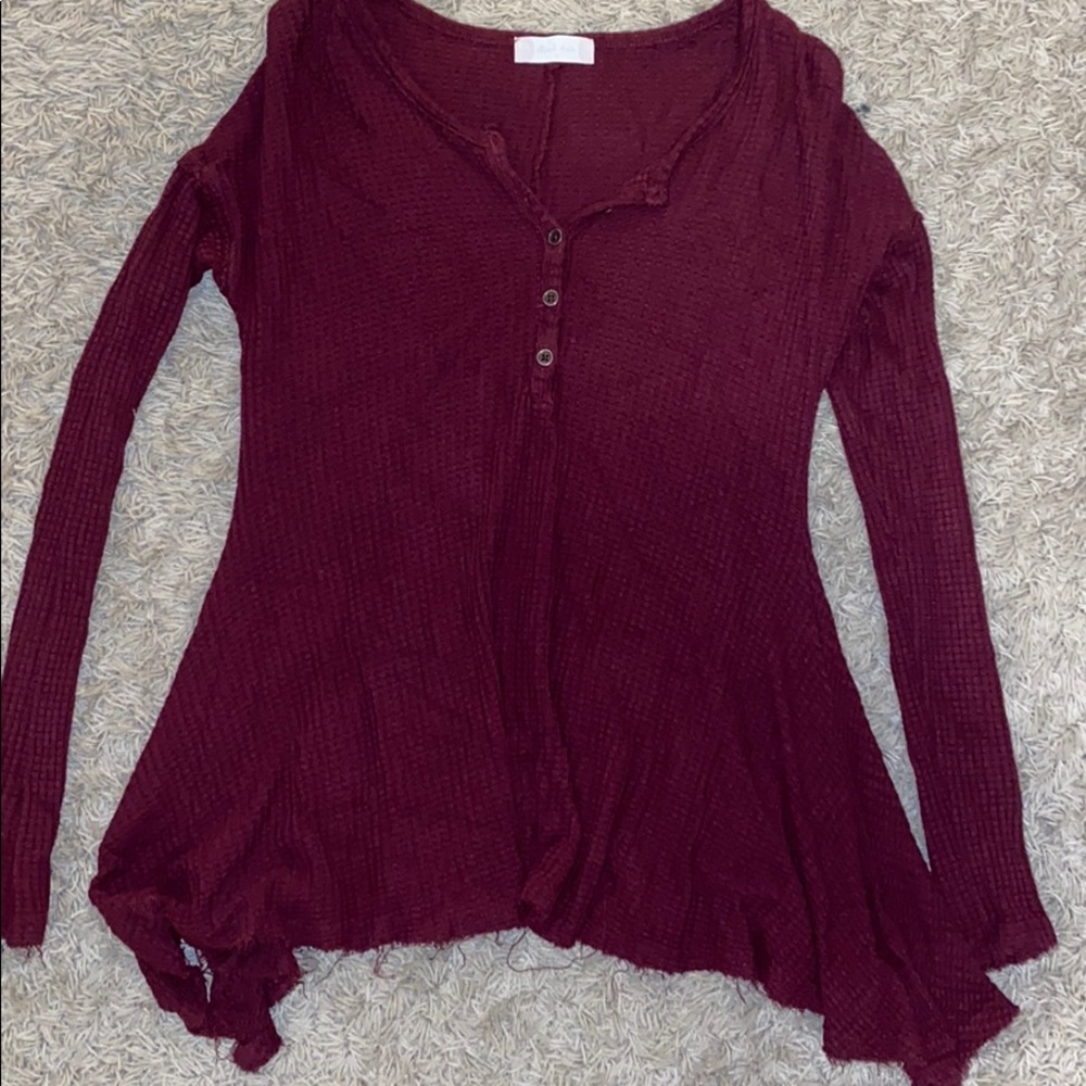 waffle knit long sleeve Henley button top maroon